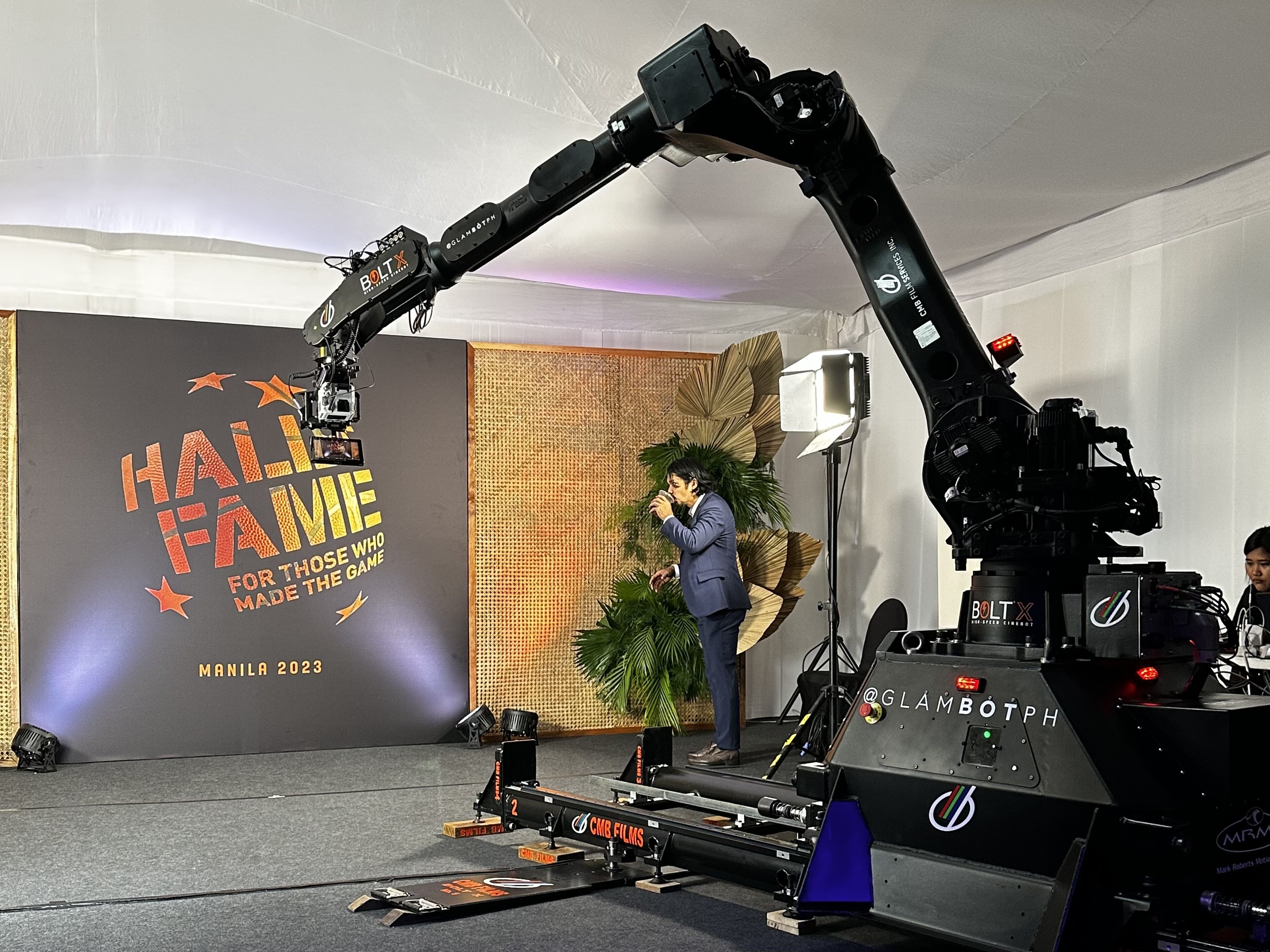The Bolt X high-speed cinebot, branded GlamBot PH, on stage at the FIBA Hall of Fame Induction Night